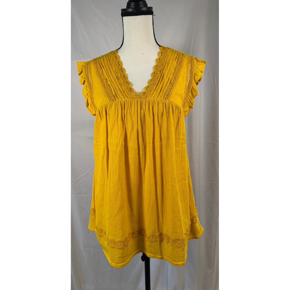 Neiman Marcus Yellow Lace Trim Gauze Babydoll Top Womens Medium Excellent